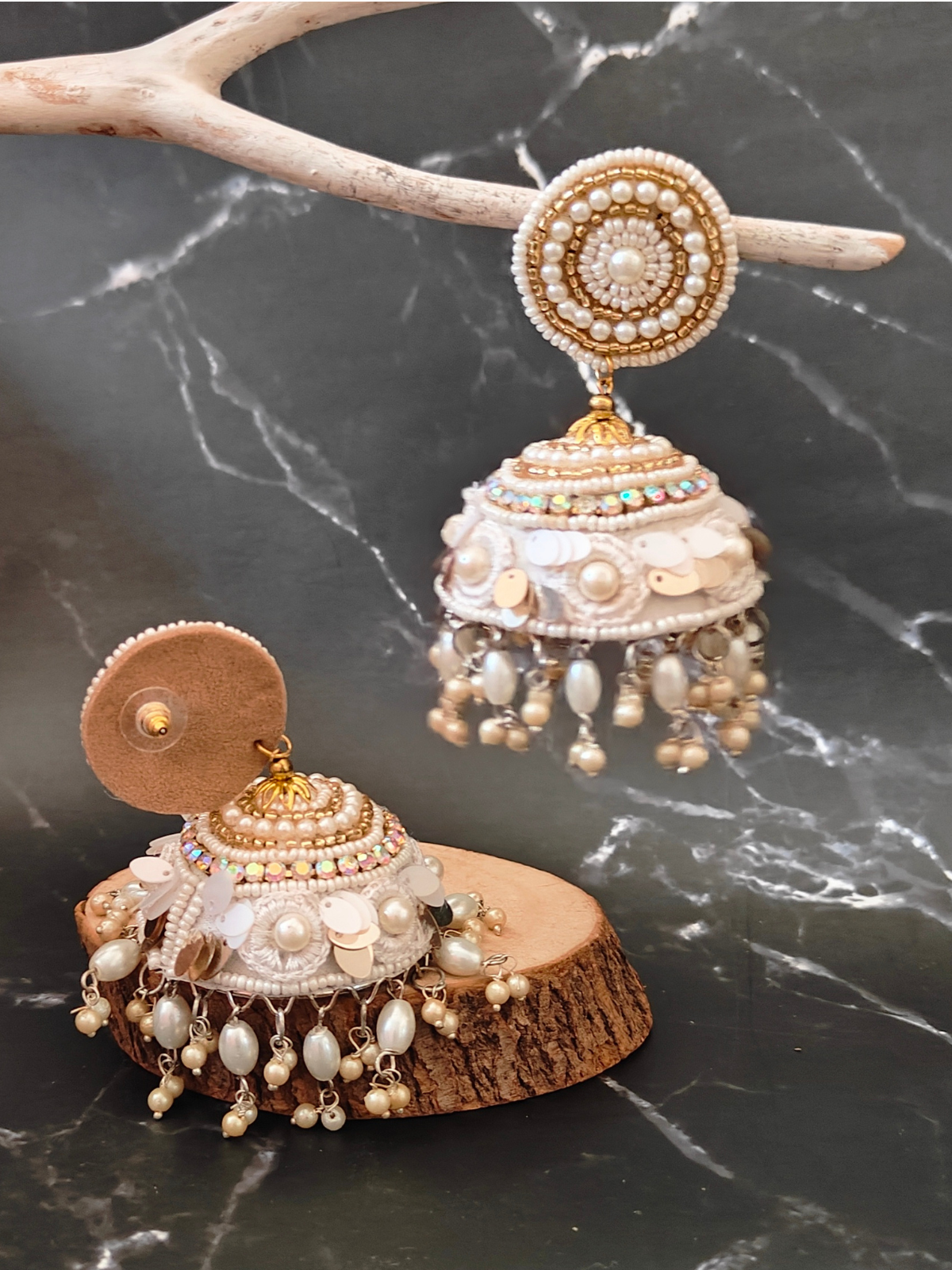 The White Beaded Cove Jhumka