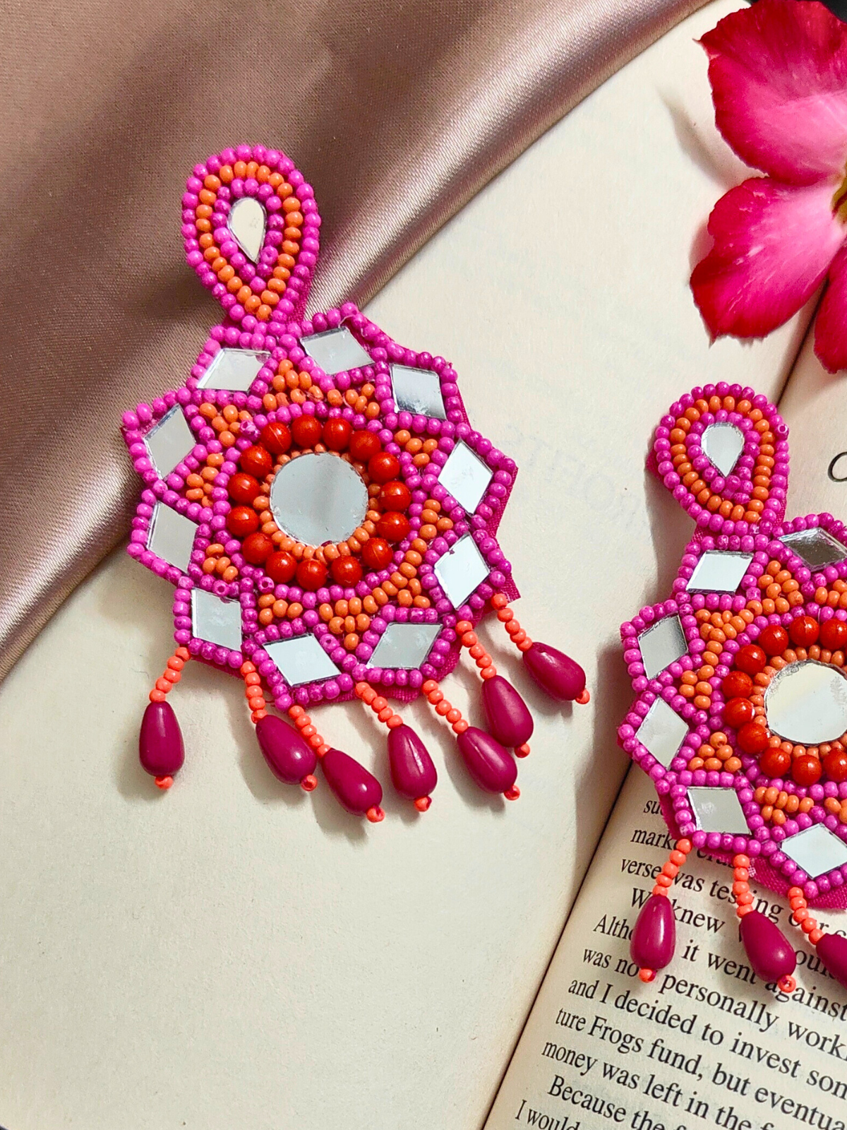 The Beady Fauxy Diamonds Earrings in Pink & Orange