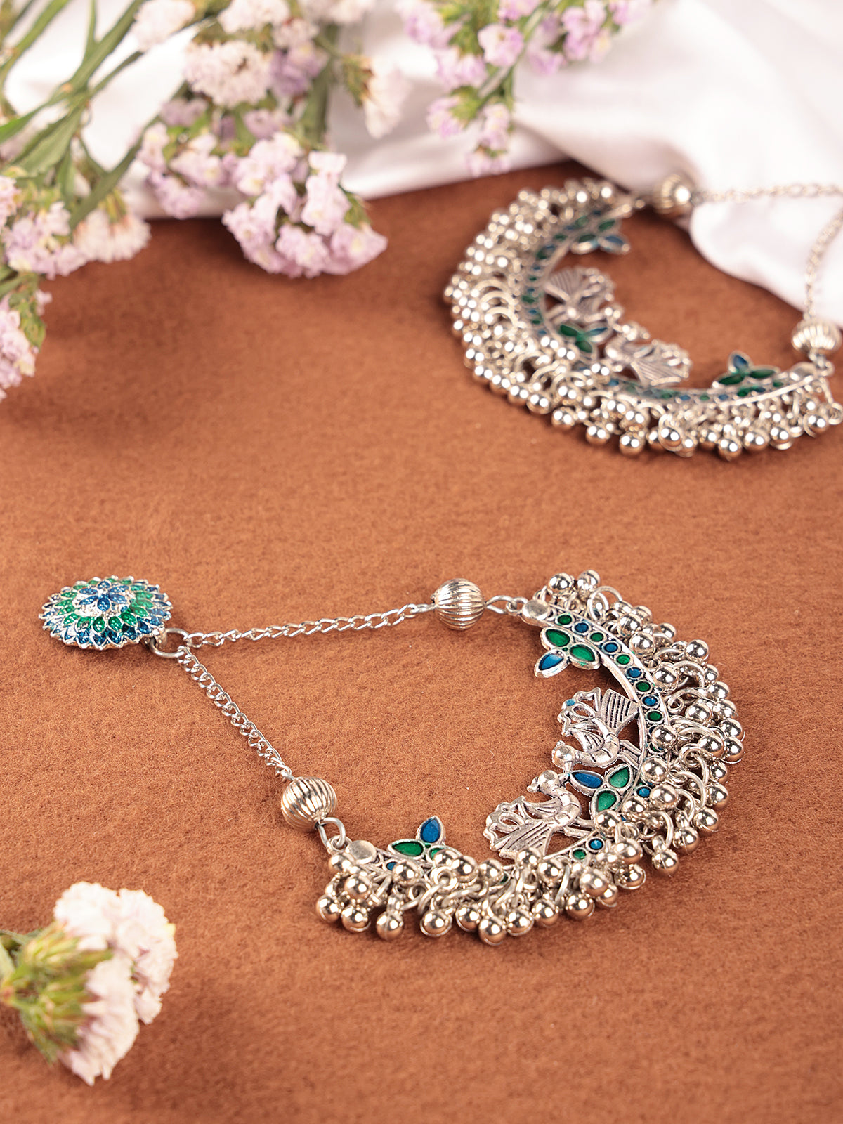 Birdsong Elegance Jhumka in green & blue