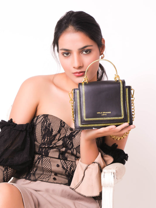 The Graceful Stitched Embroidery Sling Bag in Black