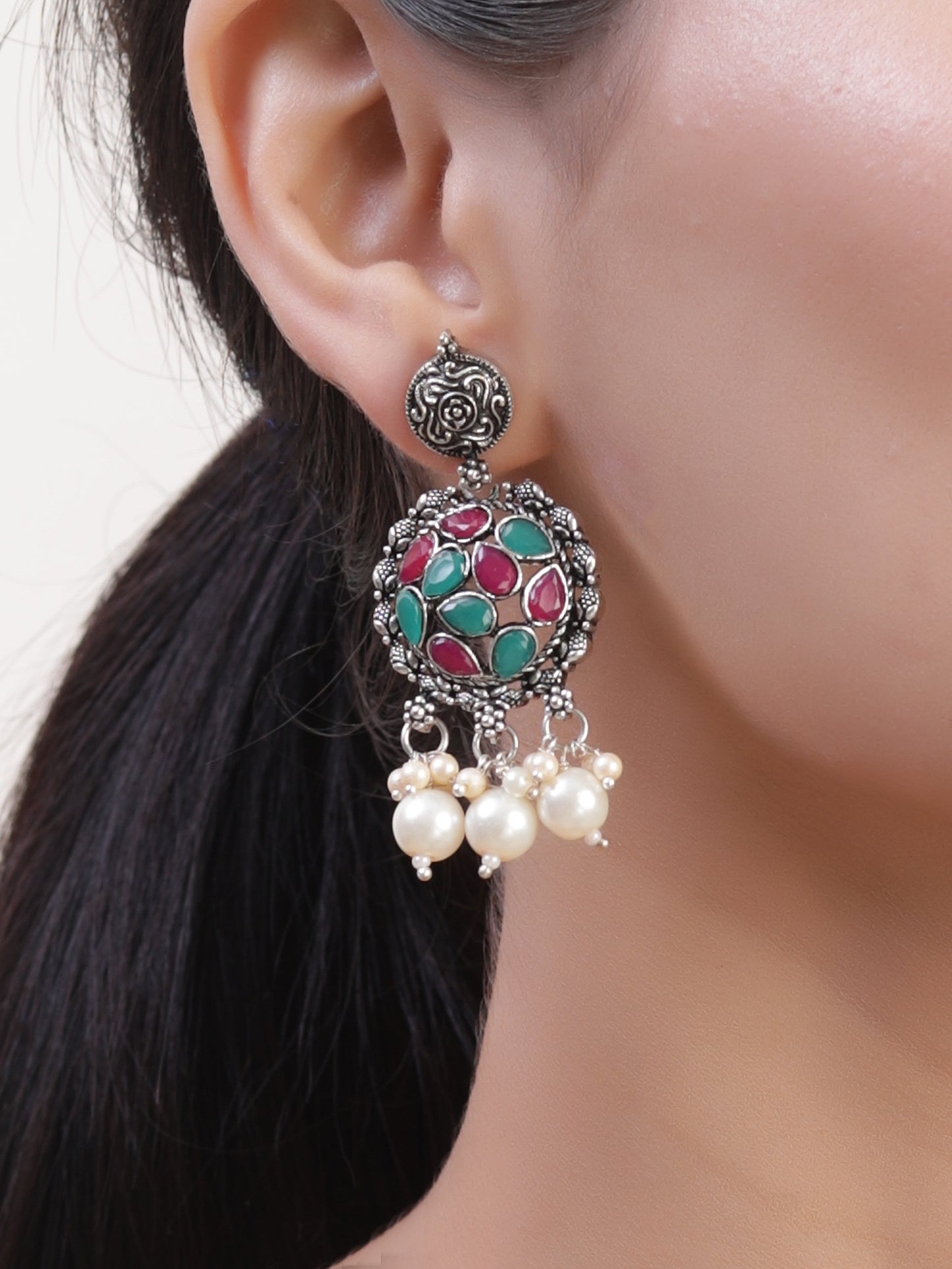 The Cranberry Ornated Stud Necklace Set in Magenta & Green