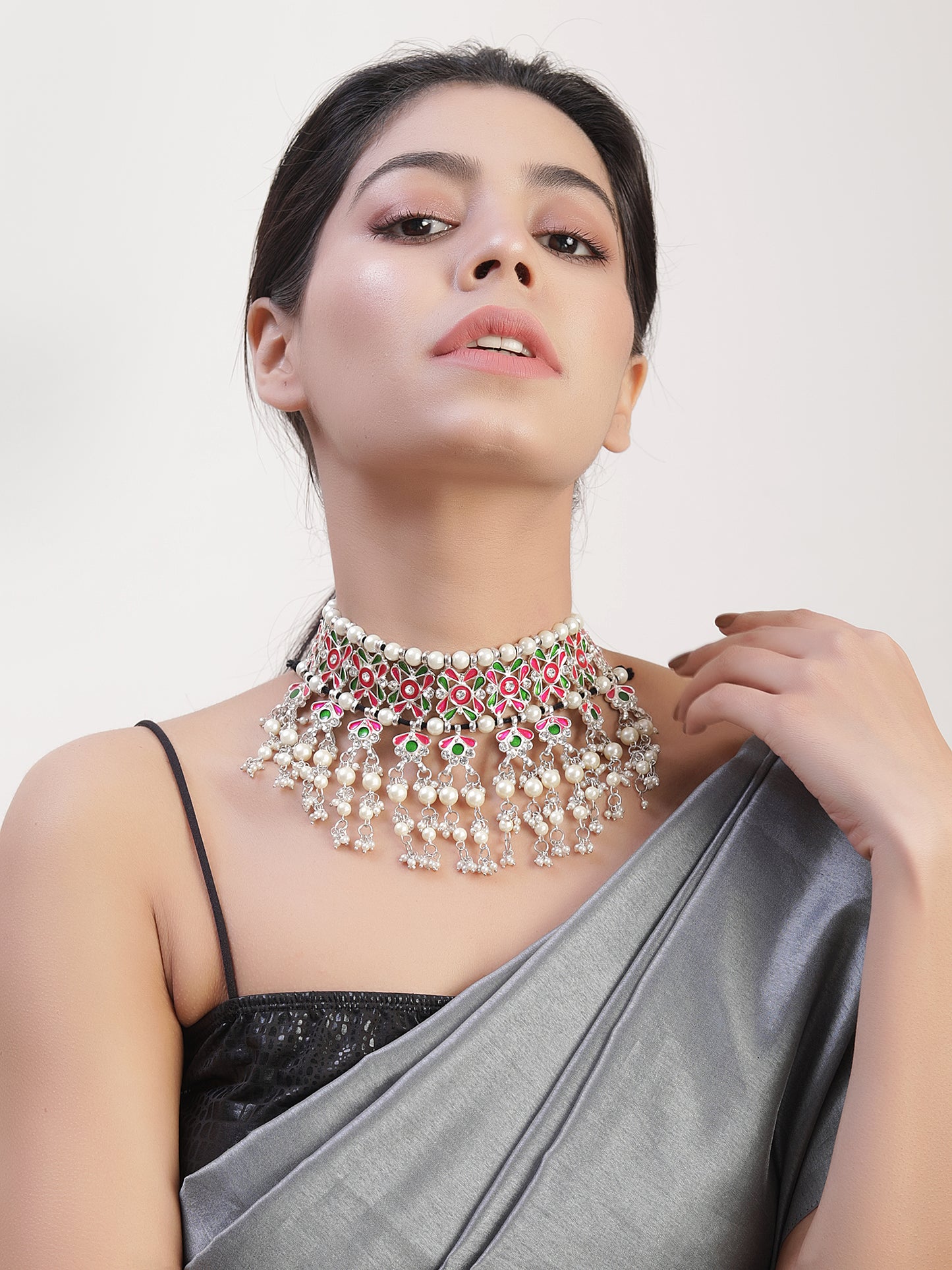The Beady Pearly Meena Royal Necklace in Magenta & Green