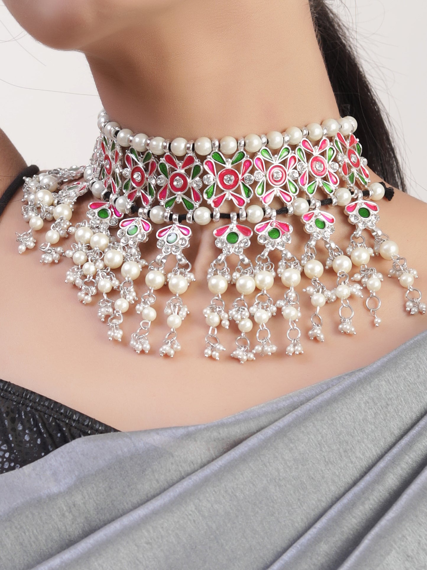 The Beady Pearly Meena Royal Necklace in Magenta & Green