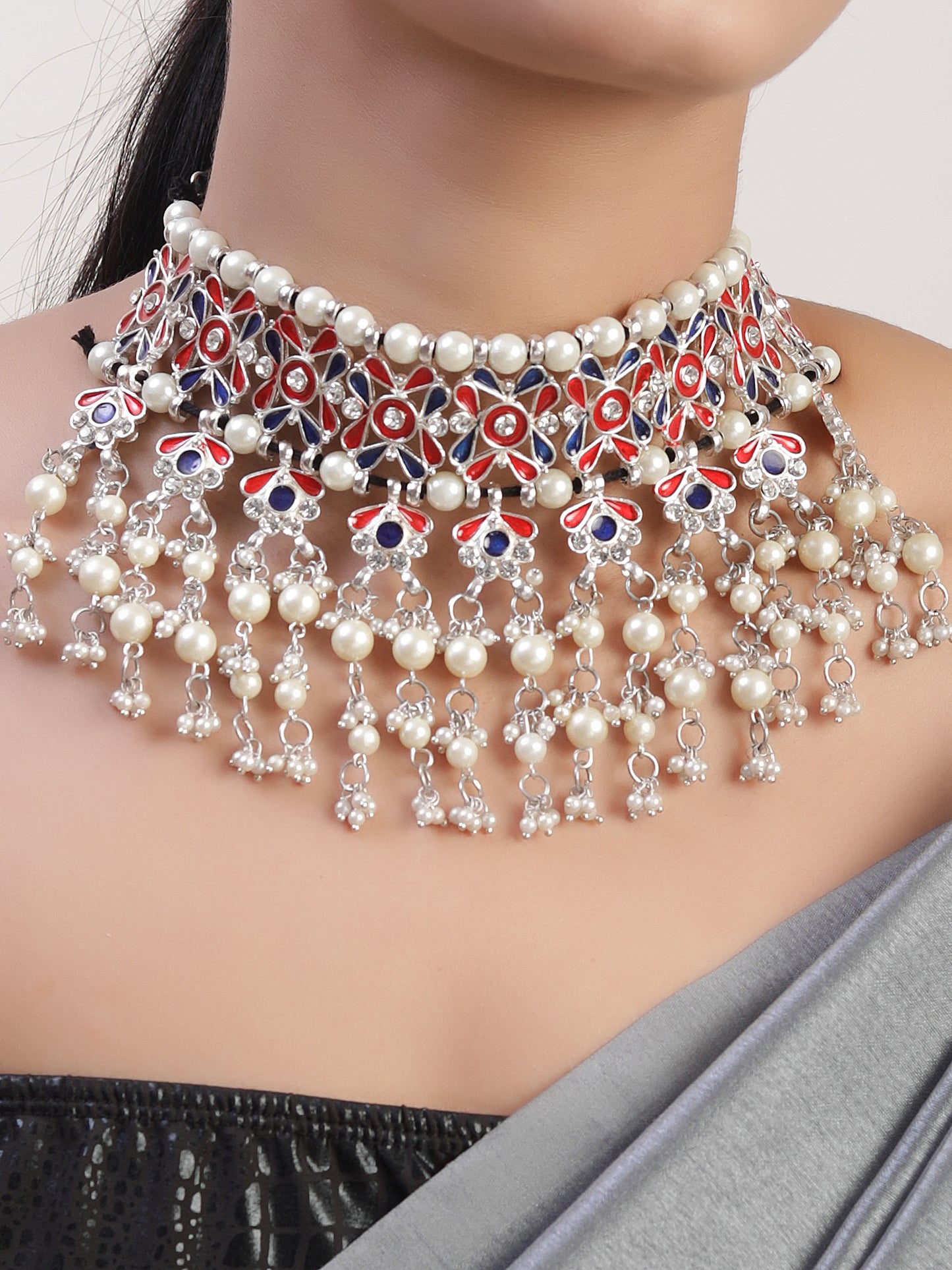 The Beady Pearly Meena Royal Necklace in Red & Blue