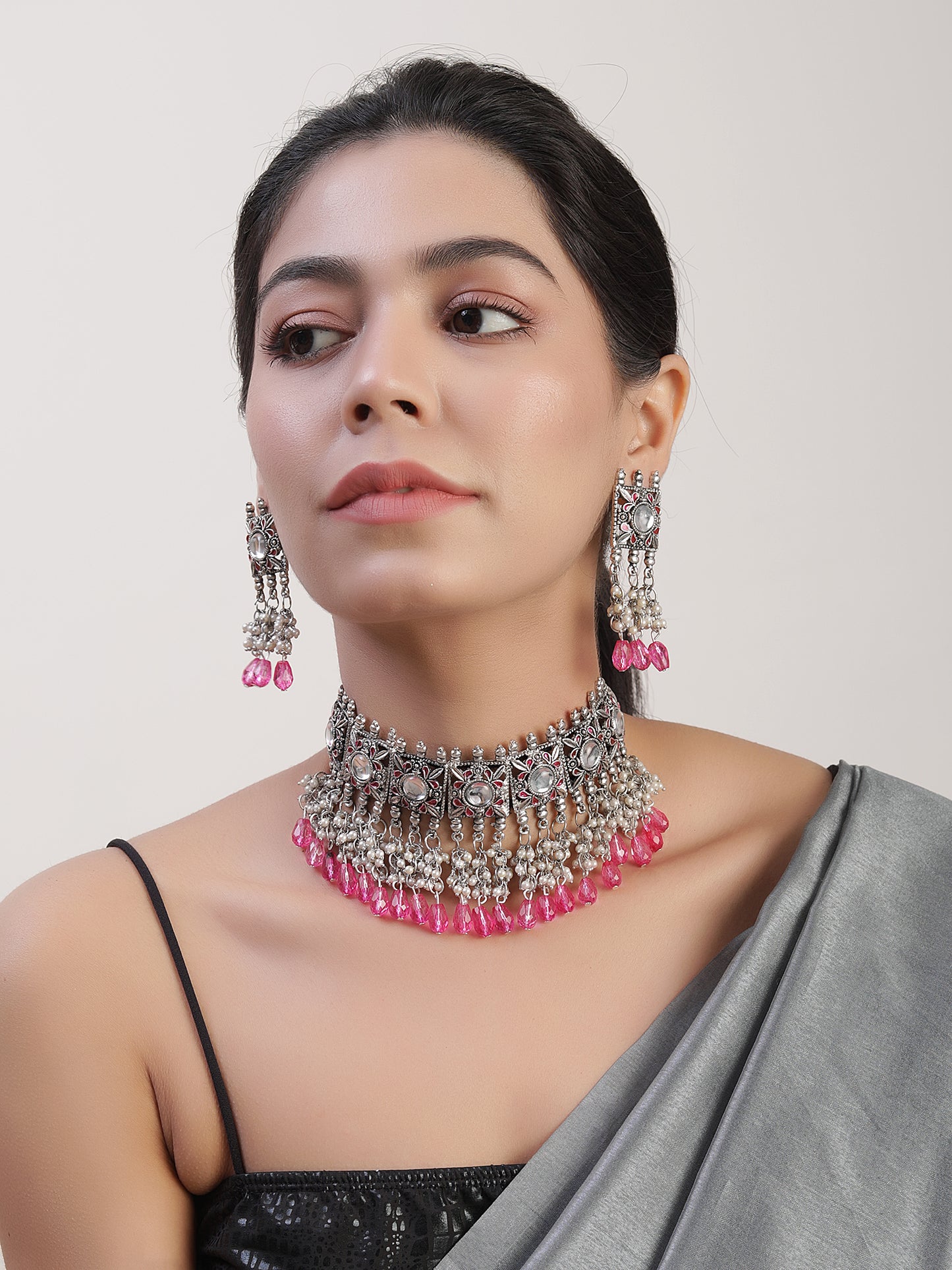 The Rhubarb Meena Choker Set in Pink
