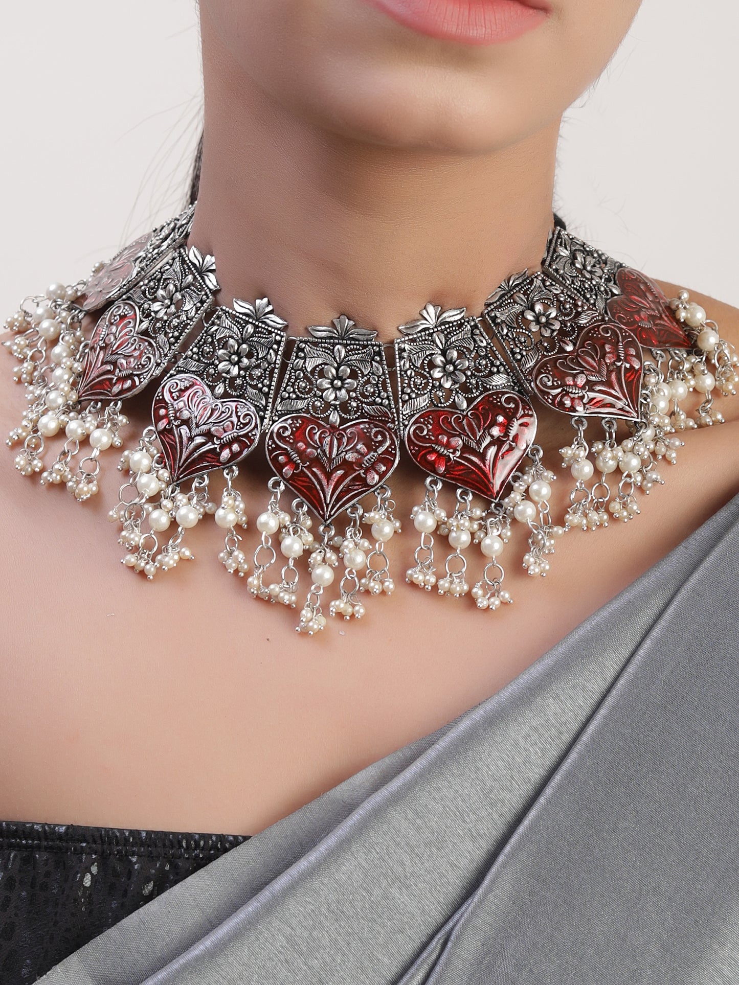 The Aster Mulberry Meena Choker Set in Red