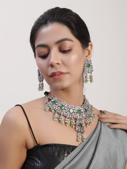 The Nayab Iris Green Meena Necklace Set