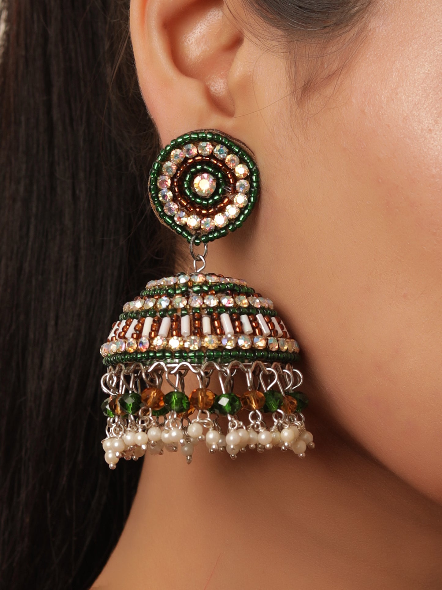 The Flamboyant Fiery Fairy Jhumkas in Green & Brown