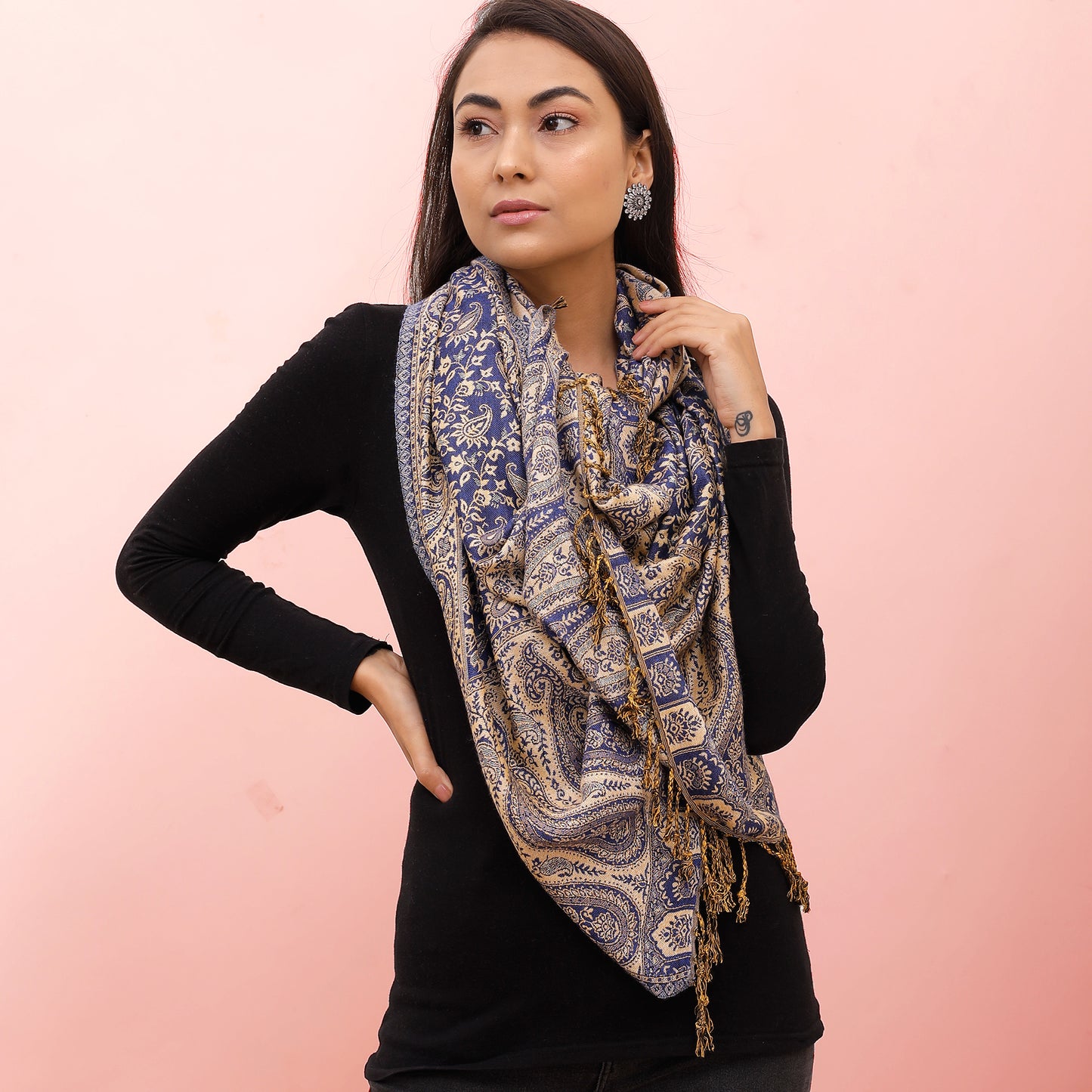 The Sultani Art Reversible Stole in Dark Blue