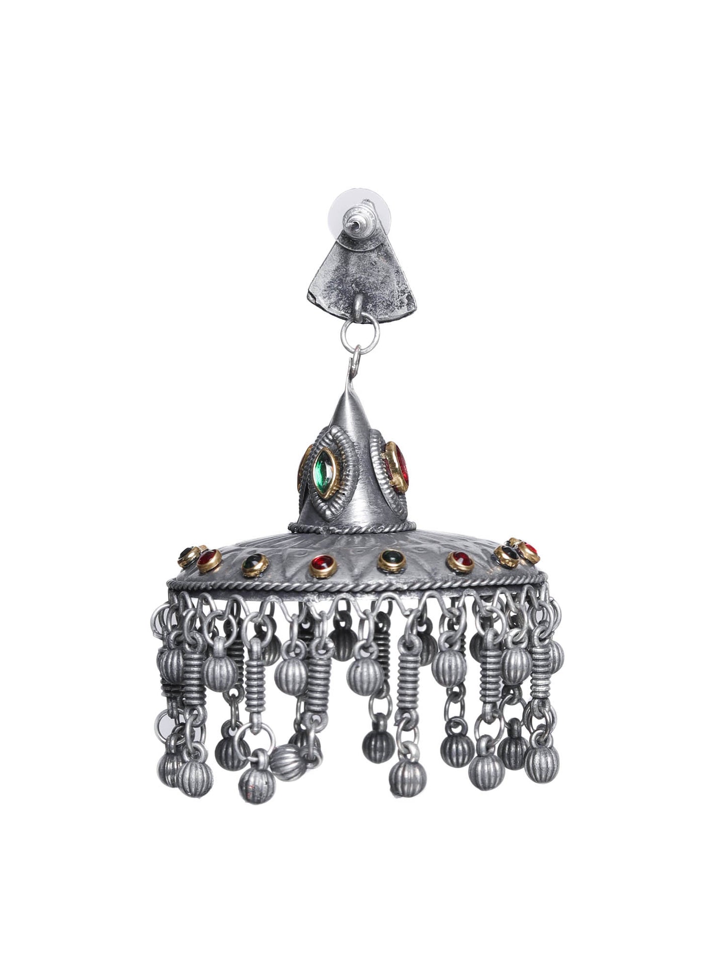 The Oversized Tricone on a cone Jhumkas in Red & Green Stone