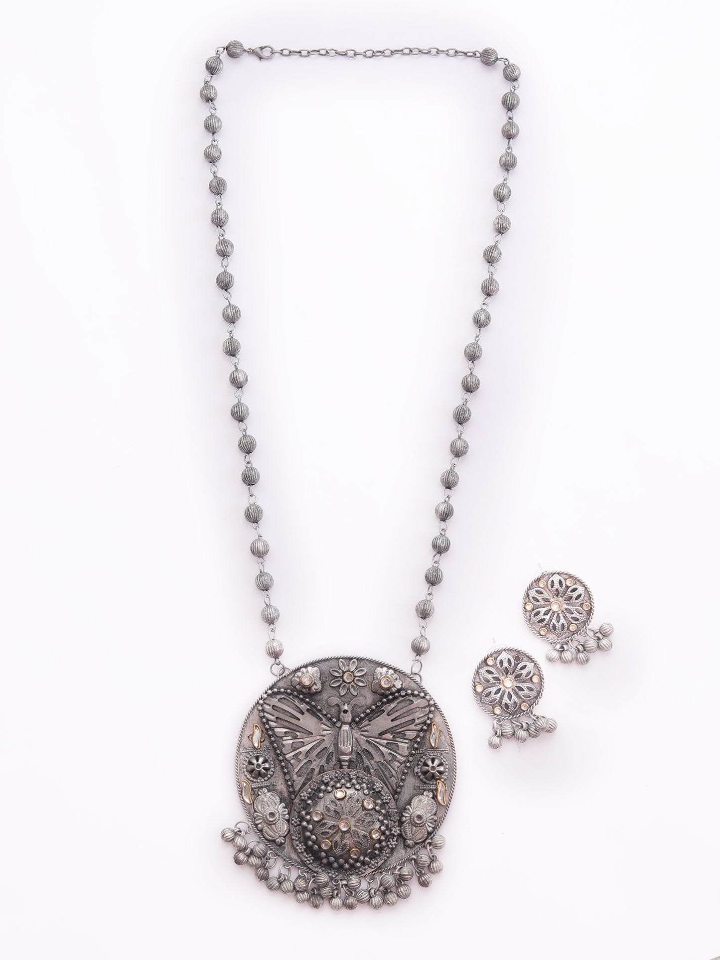 The Groovy Metallic Butterfly Necklace Set in White Stone