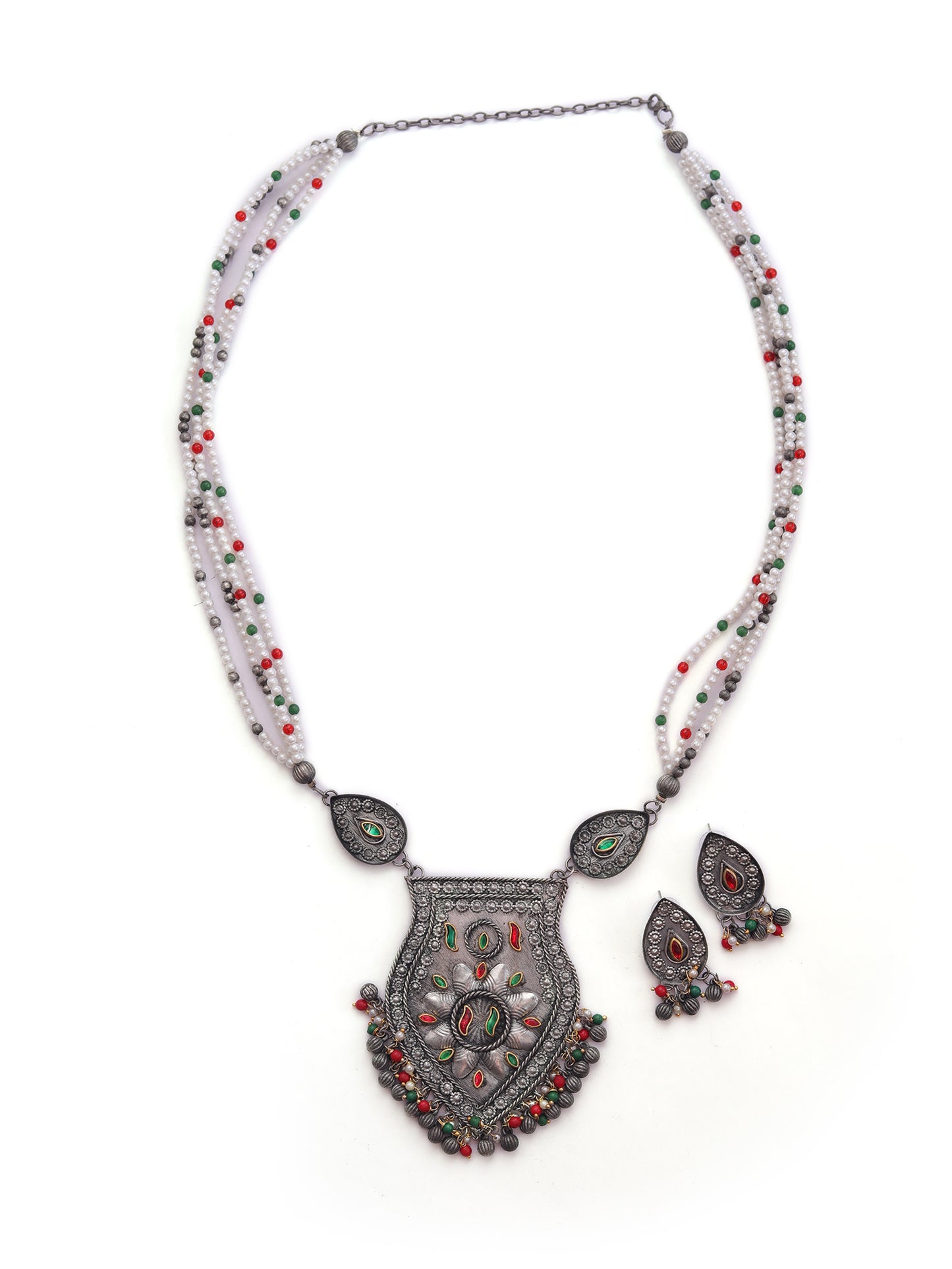 The Candescent Buds Necklace Set in Red & Green Kundan Stone