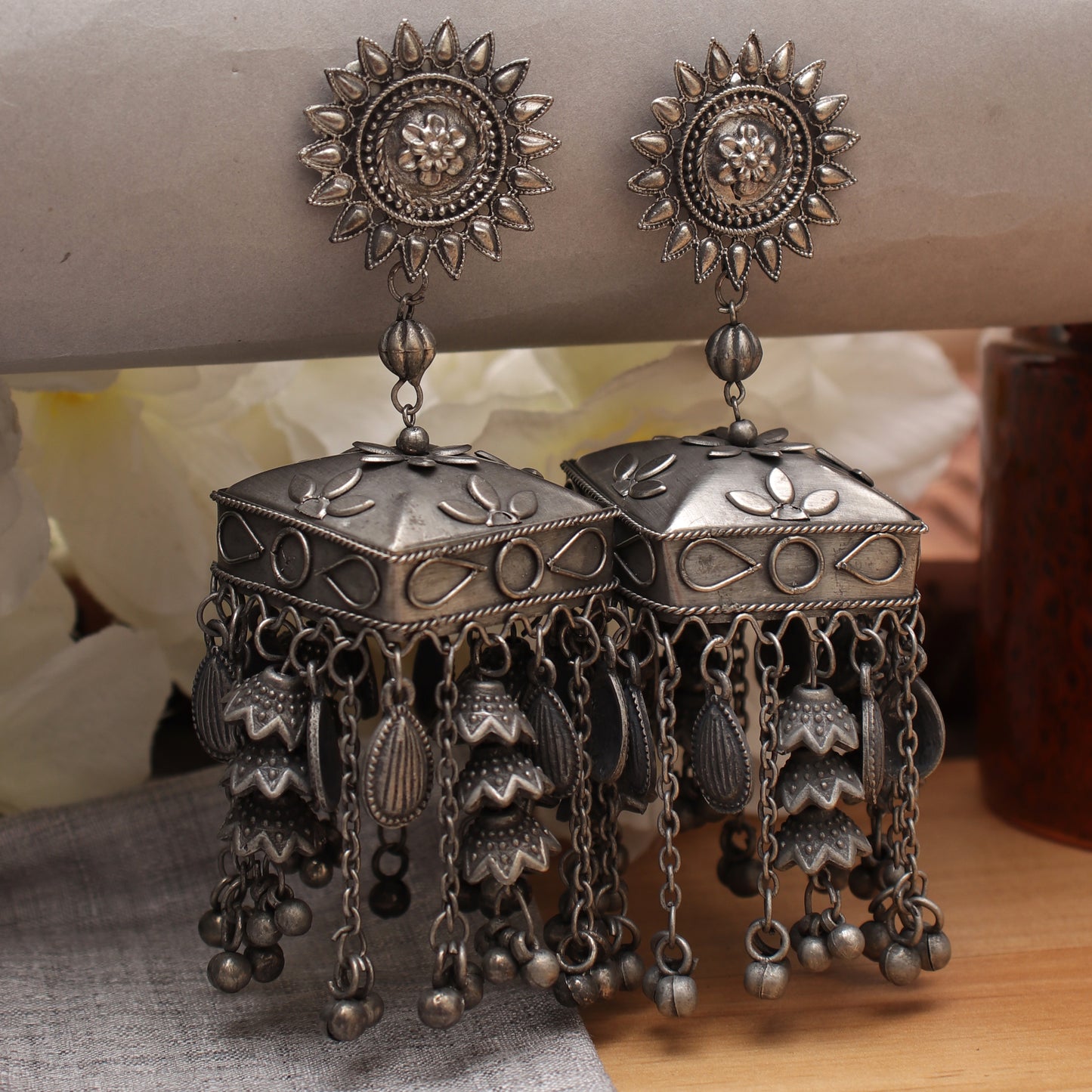 Antique Silver Cutesy Surya Frill Jhoomar Earring