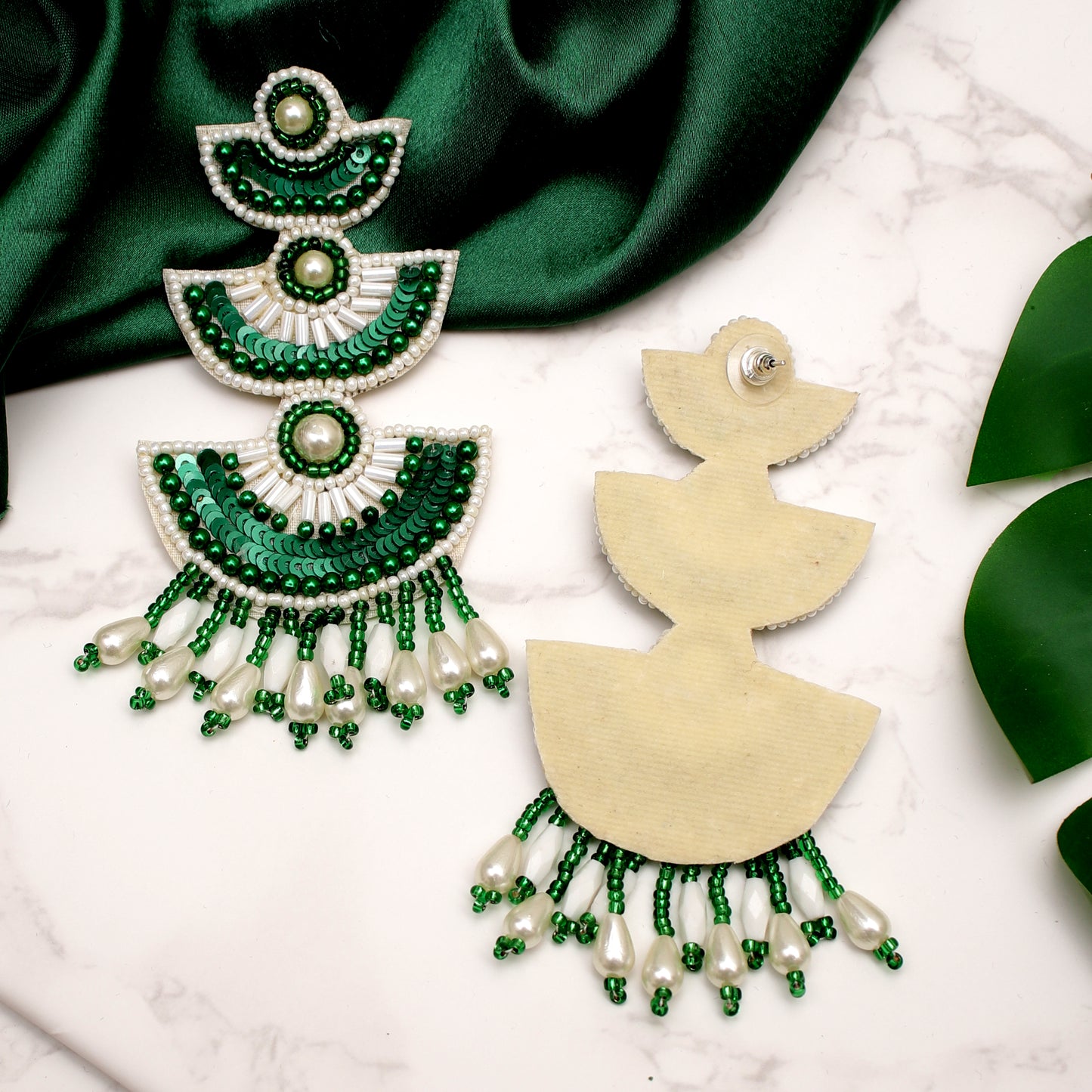 The White & Green Beaded Trinkara Earrings