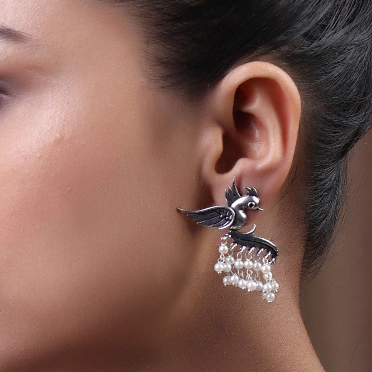 Fly with the Bird Silver Look Alike Earring with White Pearls