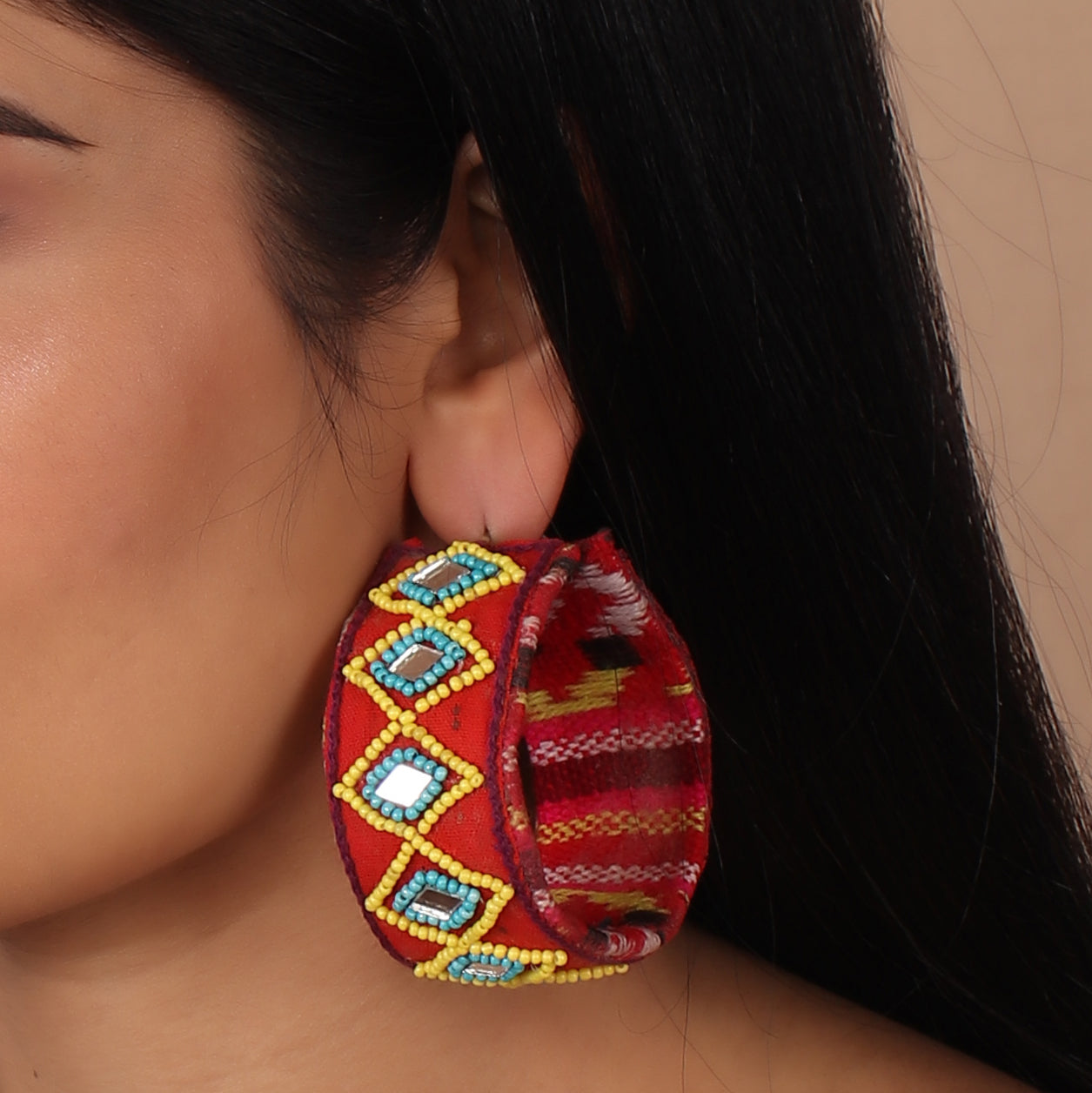 The Triple Squared Glass Beaded Earrings in Red