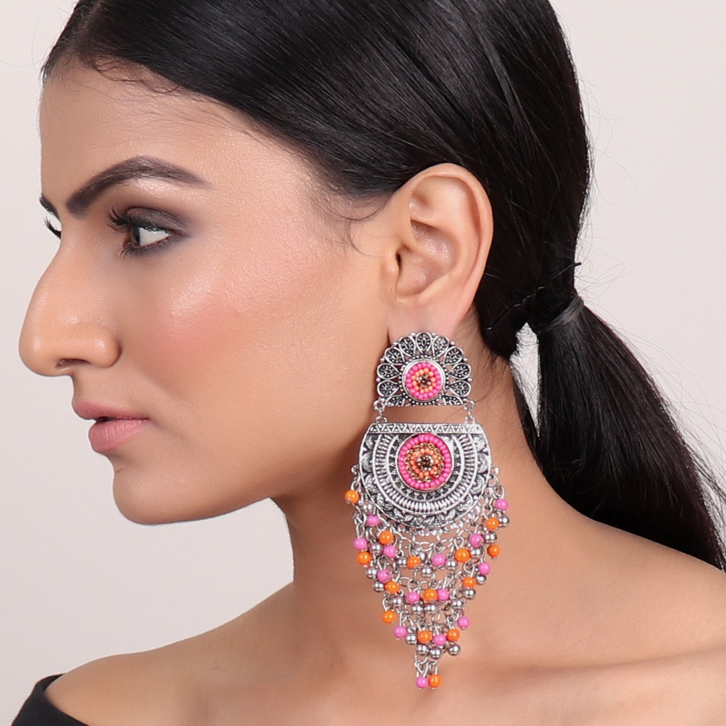 Earrings,Flower Earrings with Beaded Dropdown in Pink - Cippele Multi Store