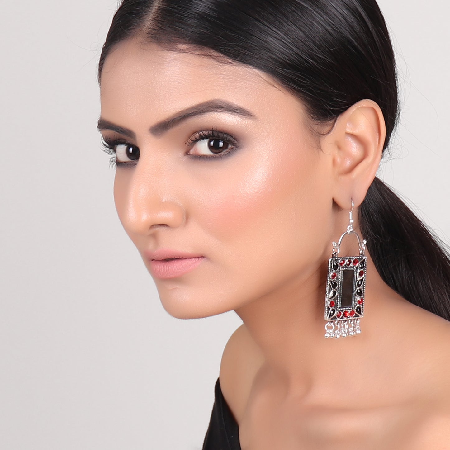 Earrings,Rectangle Mirror Earrings in Red & Black - Cippele Multi Store