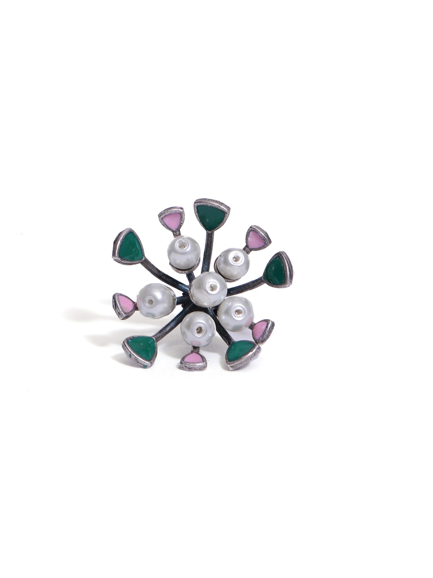 The Floral Poppy Ring and Earring Set in Green & Pink