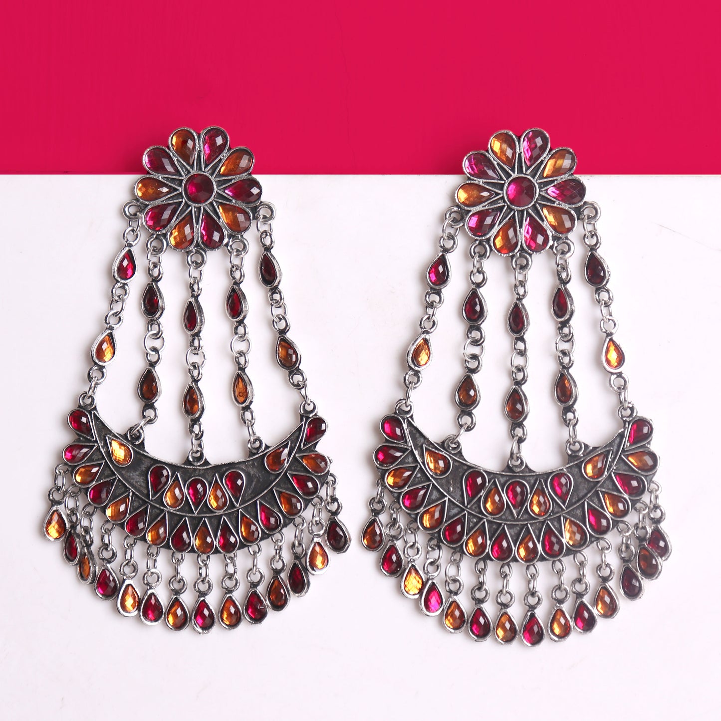 Earrings,Crescent Rhinestone Afghani Earrings in Red and Orange - Cippele Multi Store