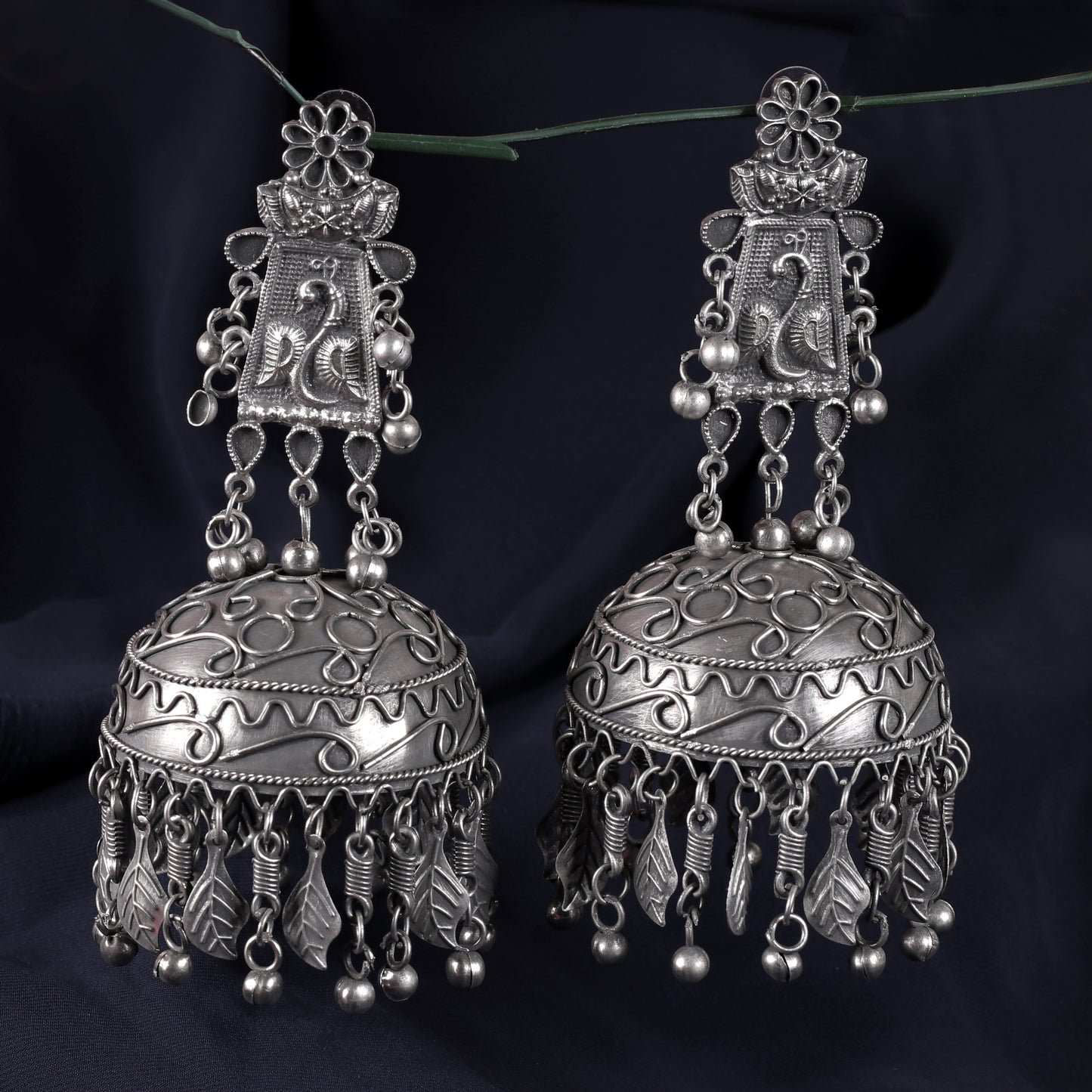 Antique Silver Black Finish Oversized Peacock Jhumkas