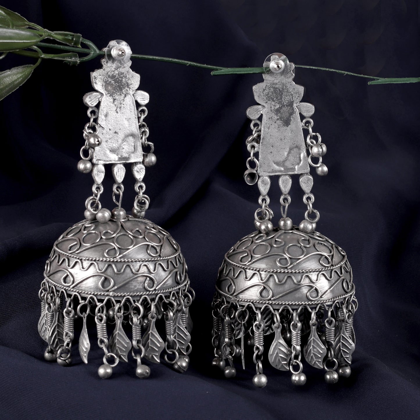 Antique Silver Black Finish Oversized Peacock Jhumkas