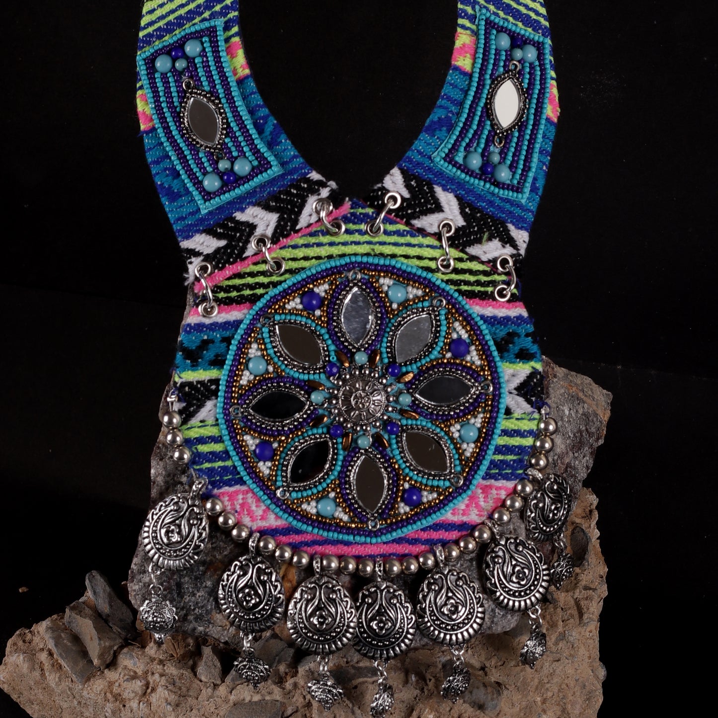 Blue & Green Mirror Ethnic Beaded Necklace