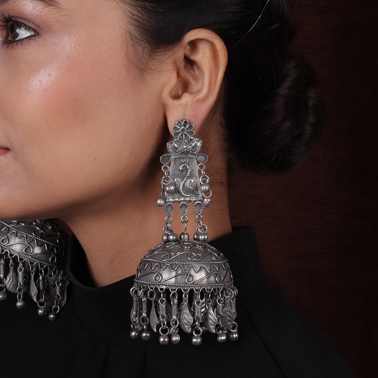 Antique Silver Black Finish Oversized Peacock Jhumkas