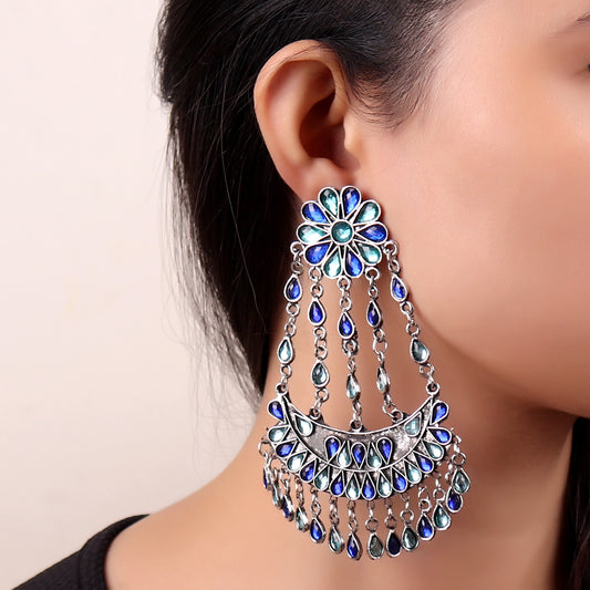 Earrings,Crescent  Rhinestone Afghani Earrings in Sea Blue & Sea Green - Cippele Multi Store