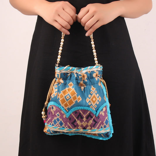 Potli,Glitter embellished Blue Ikat Print Potli - Cippele Multi Store