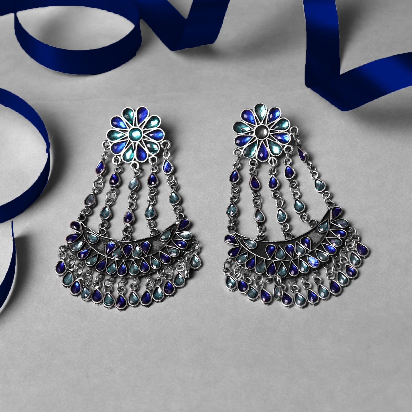 Earrings,Crescent  Rhinestone Afghani Earrings in Sea Blue & Sea Green - Cippele Multi Store
