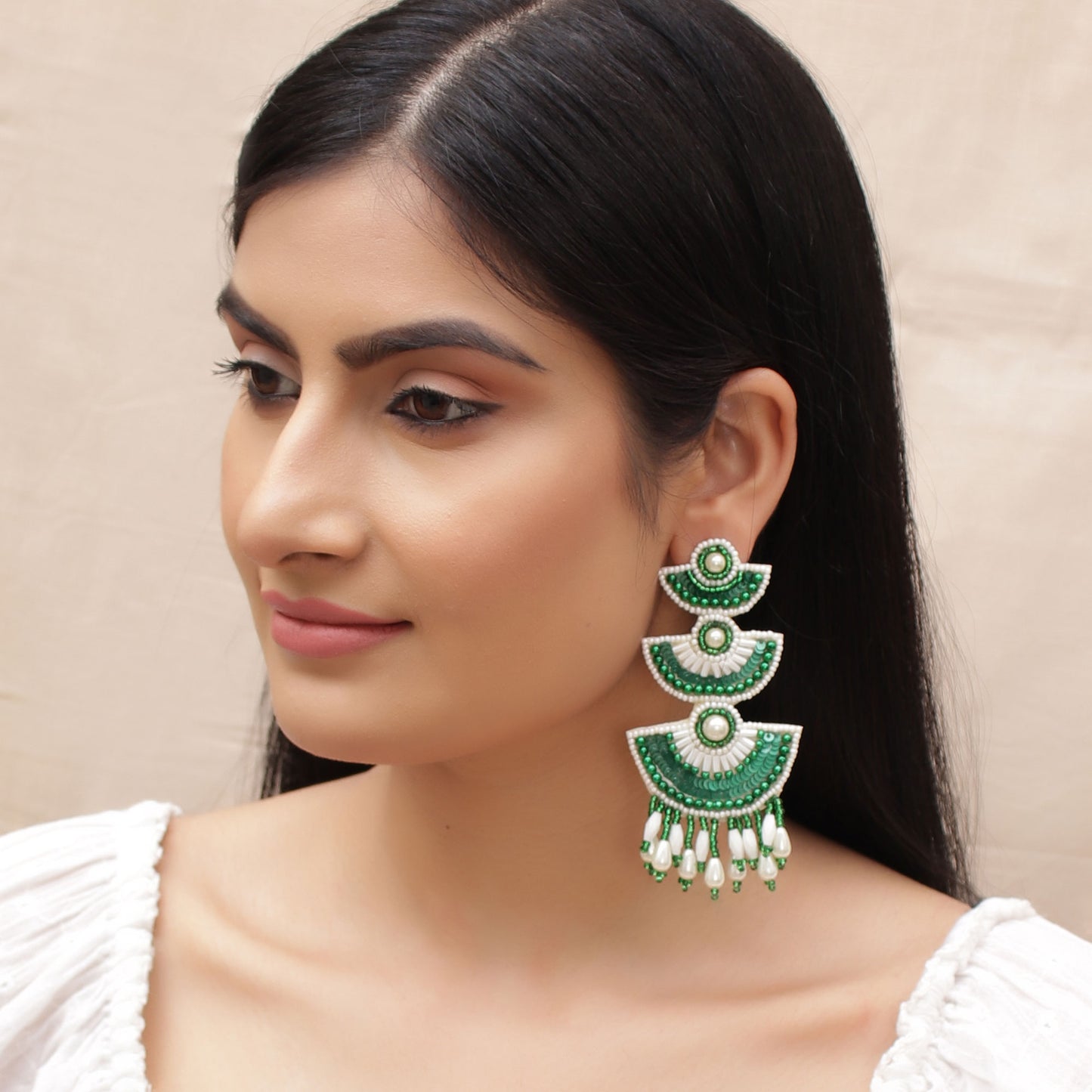 The White & Green Beaded Trinkara Earrings