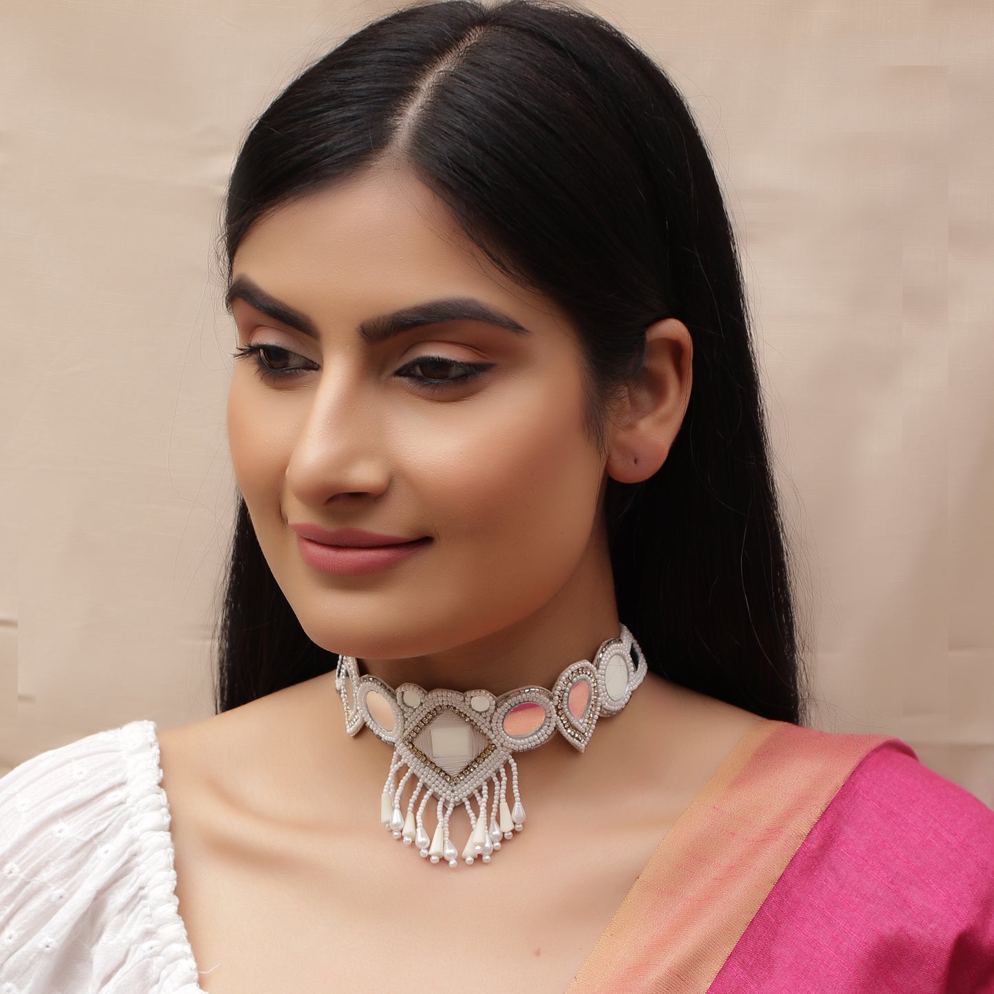 The Riveting Glassy White Beaded Choker