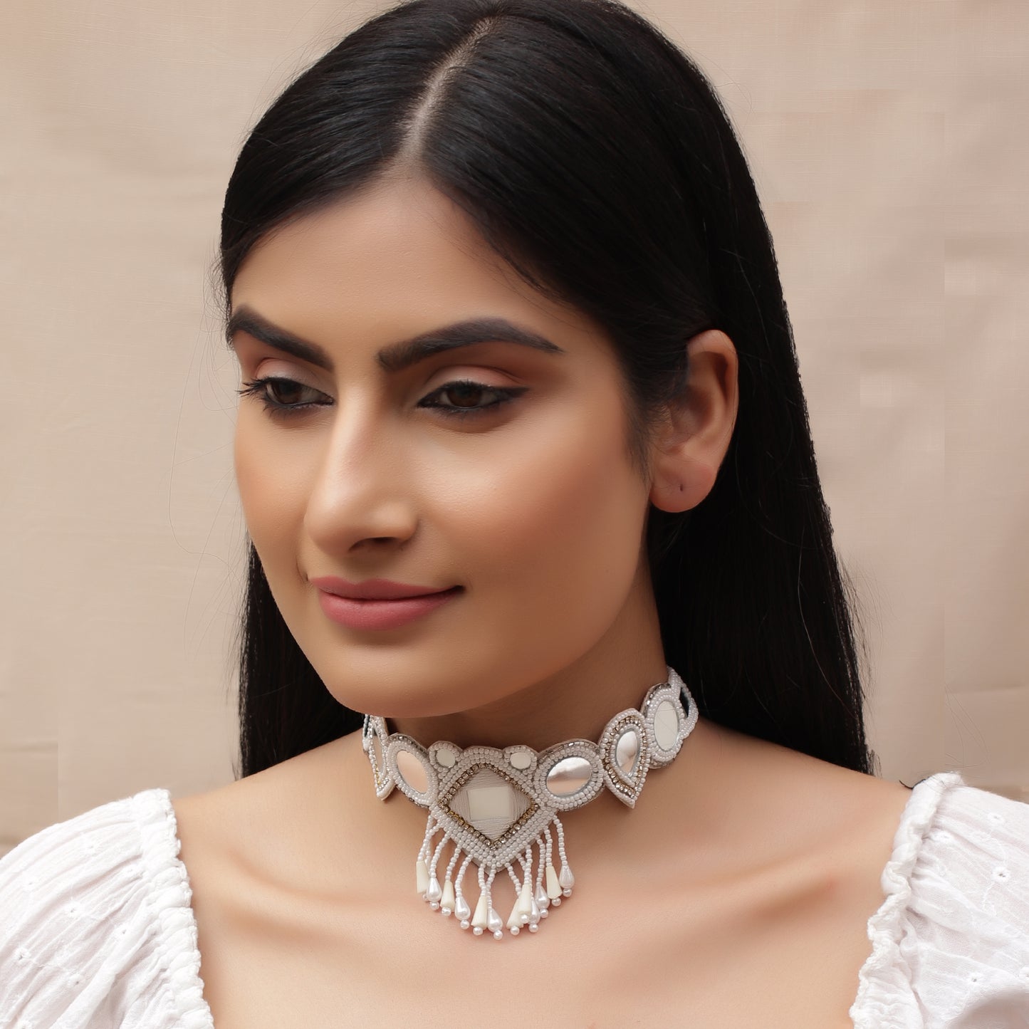The Riveting Glassy White Beaded Choker