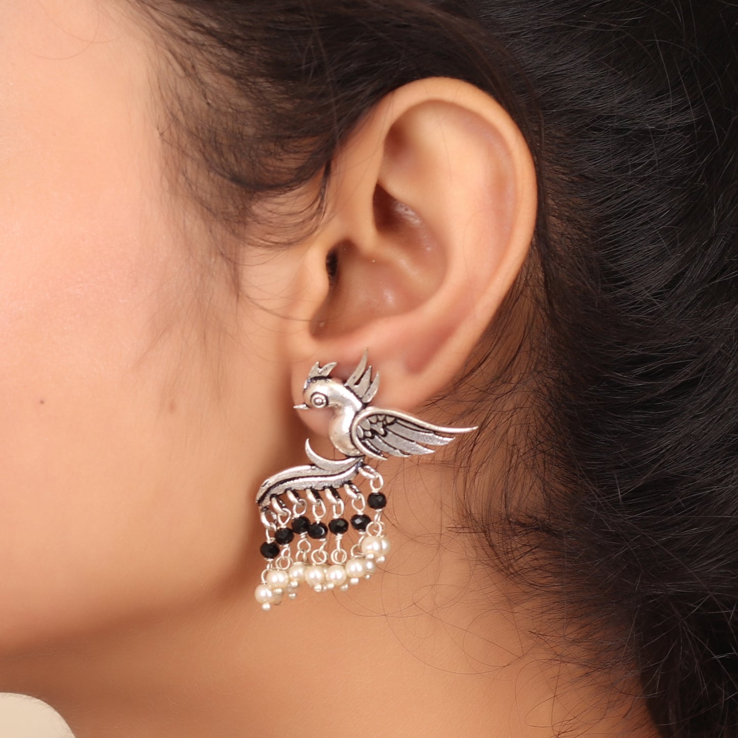 Fly with the Bird Silver Look Alike Earring with Black & White Pearls