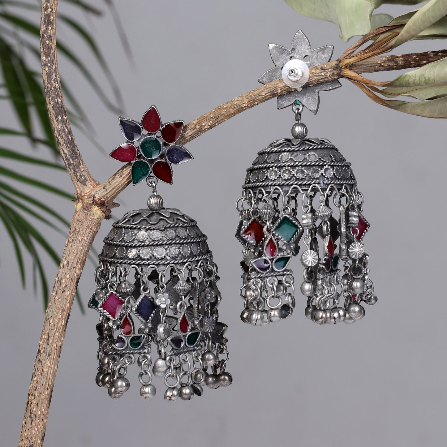 Antique Finish Floral Fiesta Meenakari Jhumkas