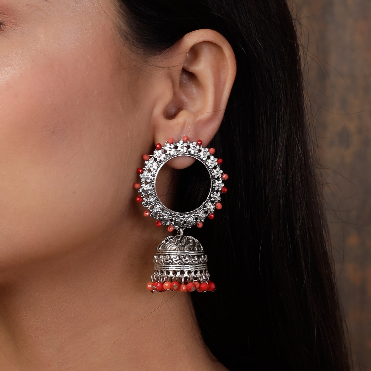 Endearing Earrings with Jhoomer in Red