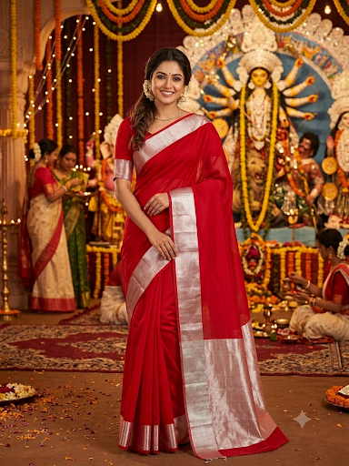 Saanjh Soft Cotton Saree (Red)