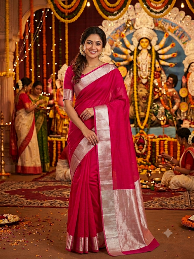 Saanjh Soft Cotton Saree (Magenta)