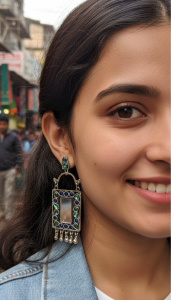 Rectangle Mirror Earrings in Indigo Blue & Green