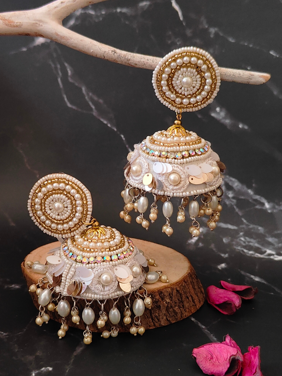 The White Beaded Cove Jhumka