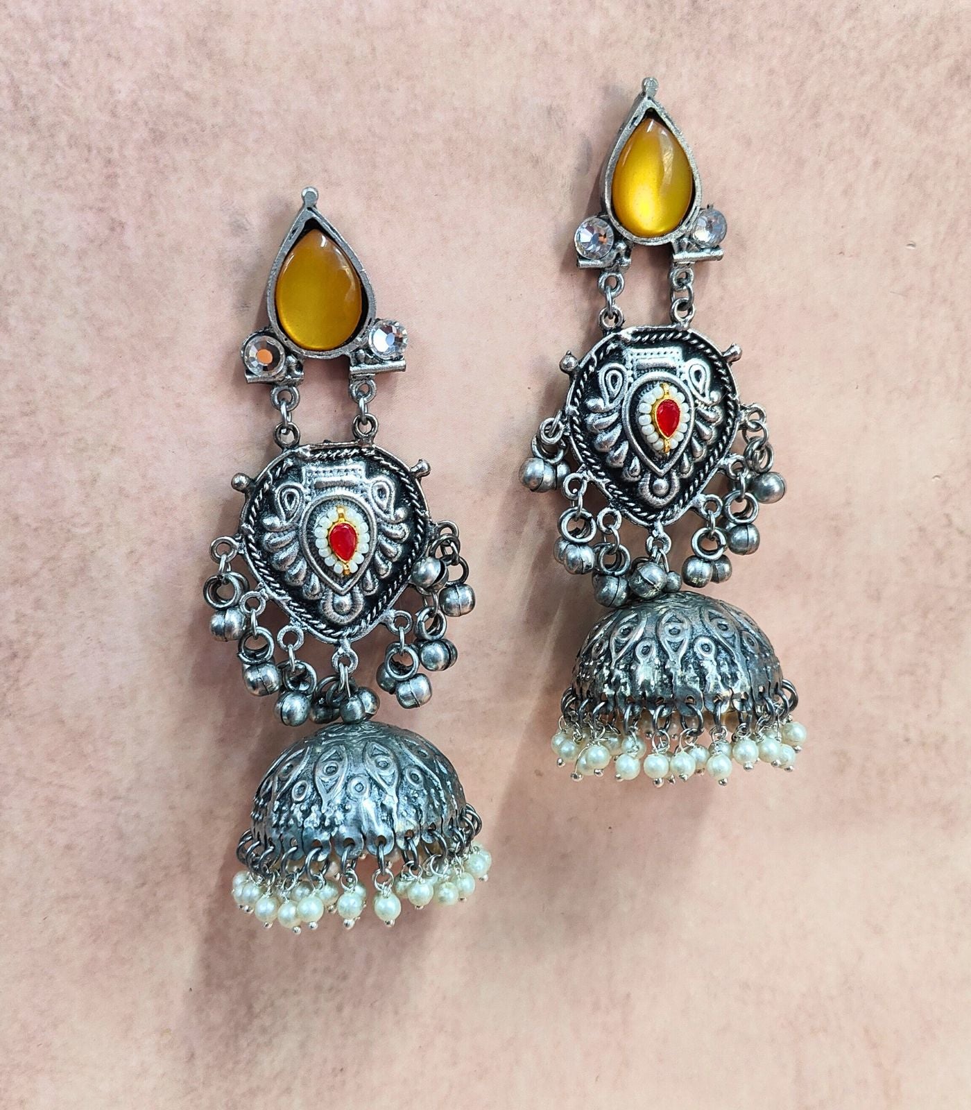 Noor Antique Silver Jhumkas with Yellow Stone