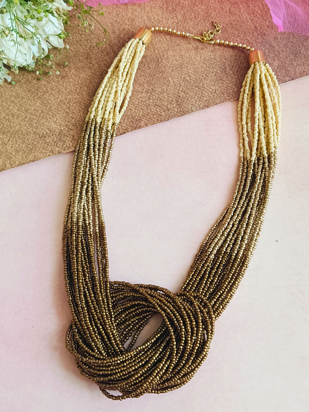 Boho Beaded Necklace with three color punch (Brown)