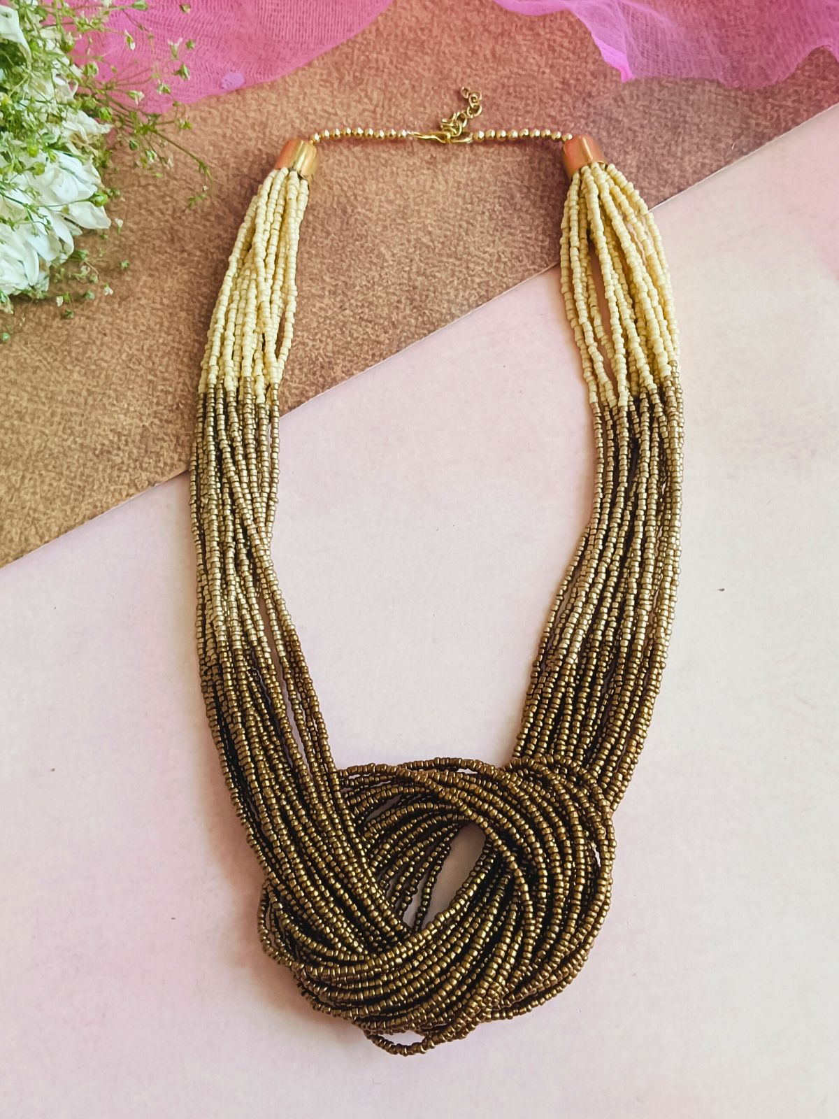 Boho Beaded Necklace with three color punch (Brown)