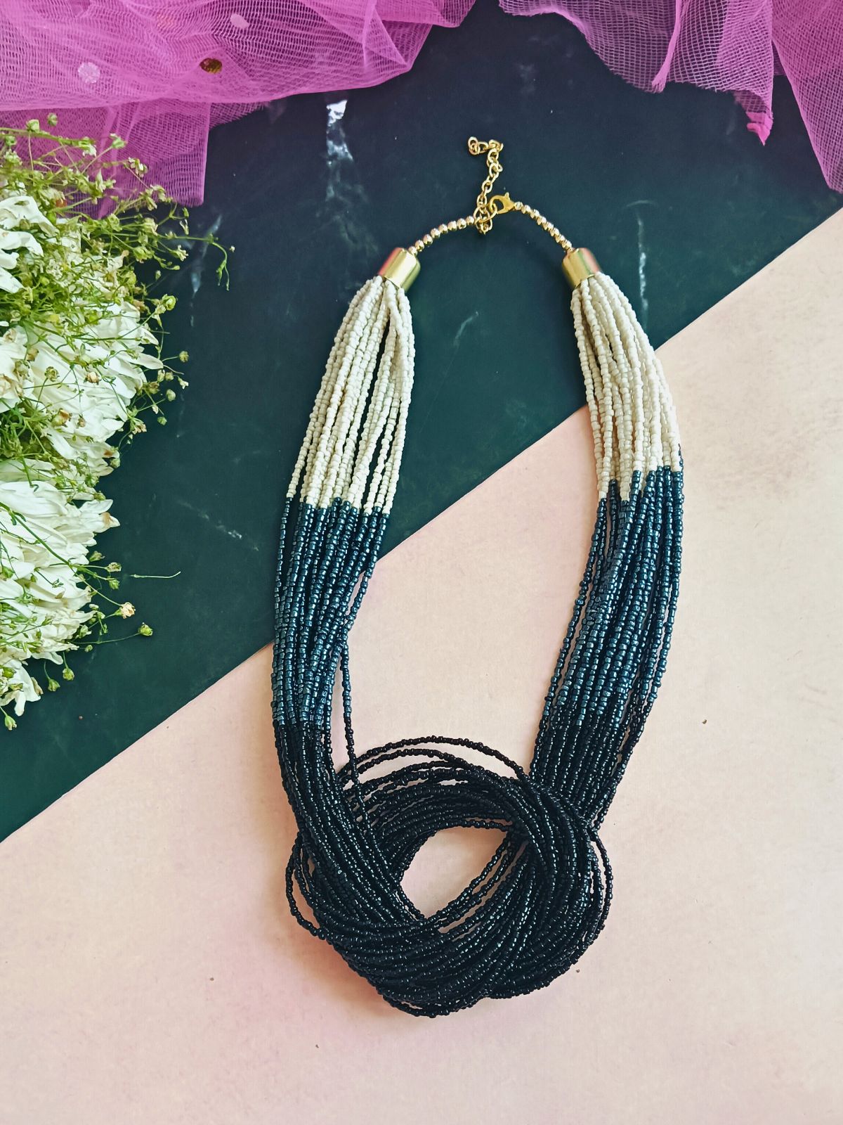 Boho Beaded Necklace with three color punch (Black)