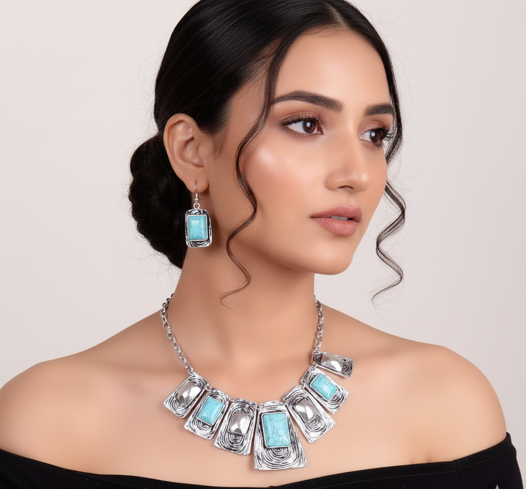 High Fashion Metal Necklace Set in Blue