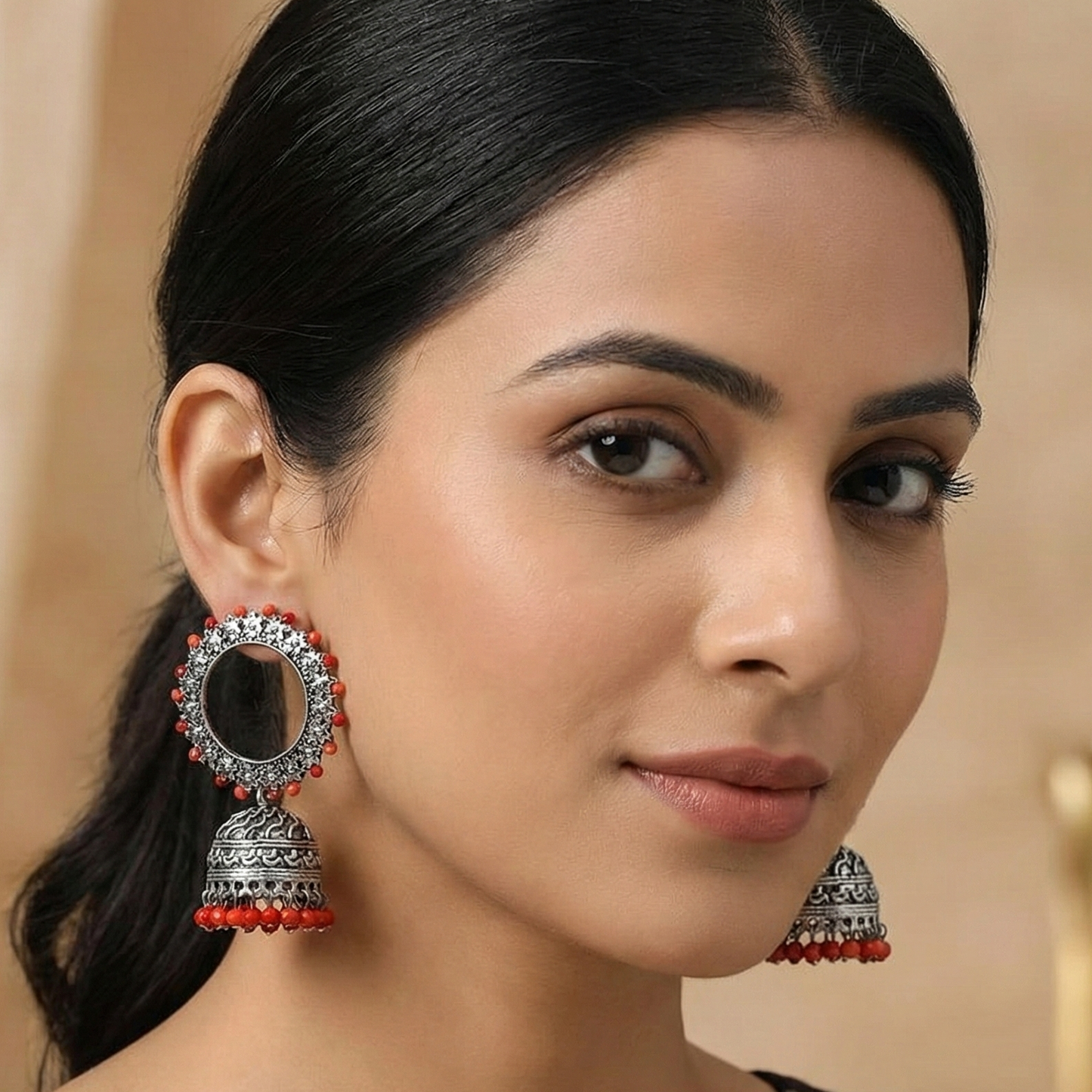 Endearing Earrings with Jhoomer in Red