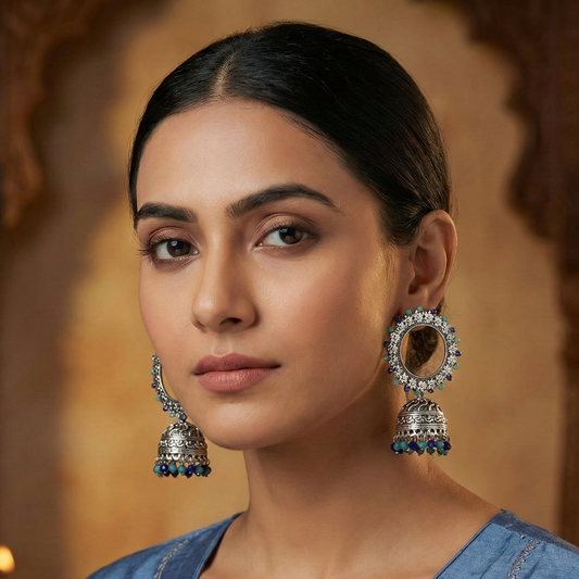 Endearing Earrings with Jhoomer in Indigo Blue & Green
