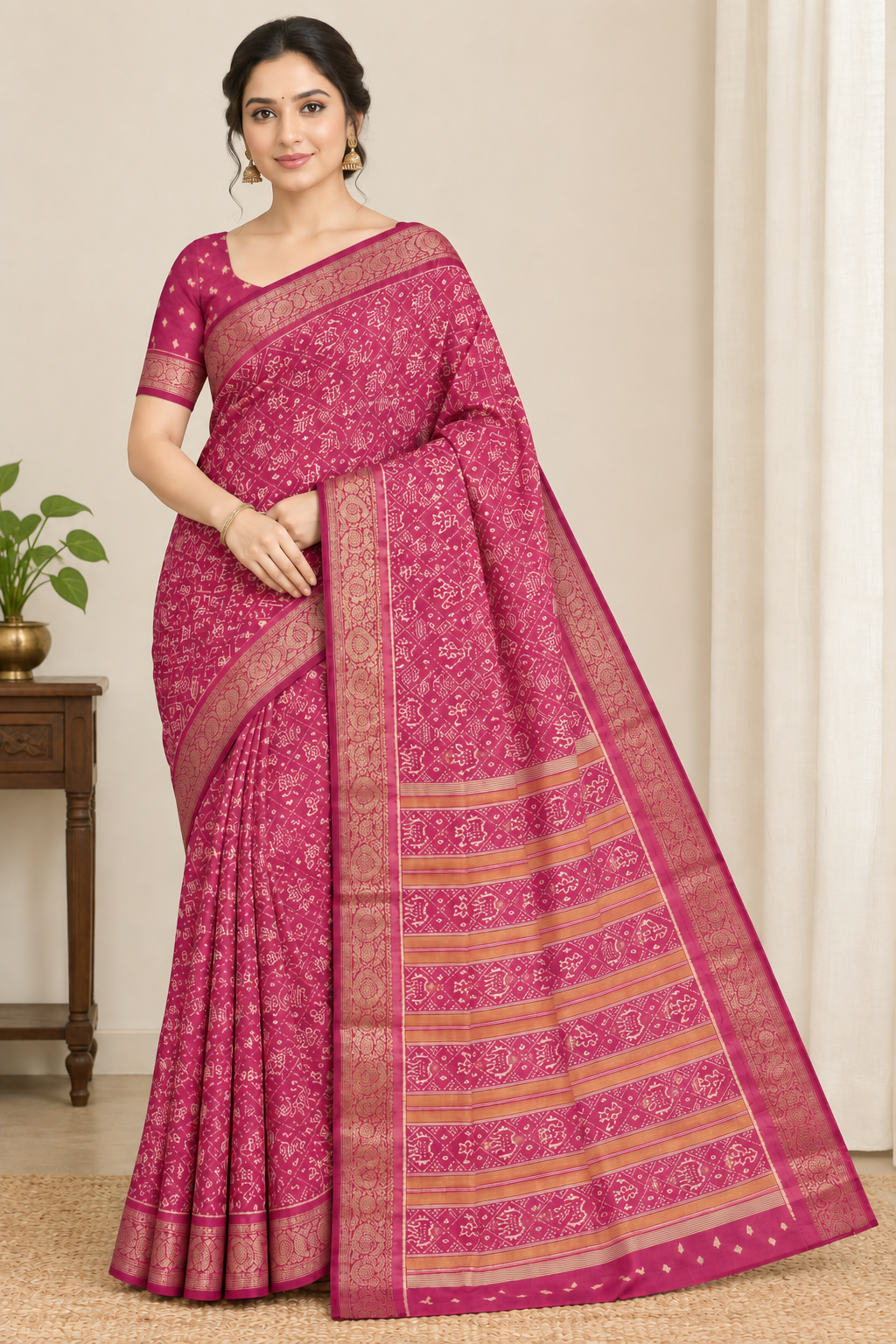 Rangriti Patola Silk Saree with Designer Blouse (Magenta)