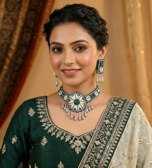 The Cowrie Chakra Choker Set in Green